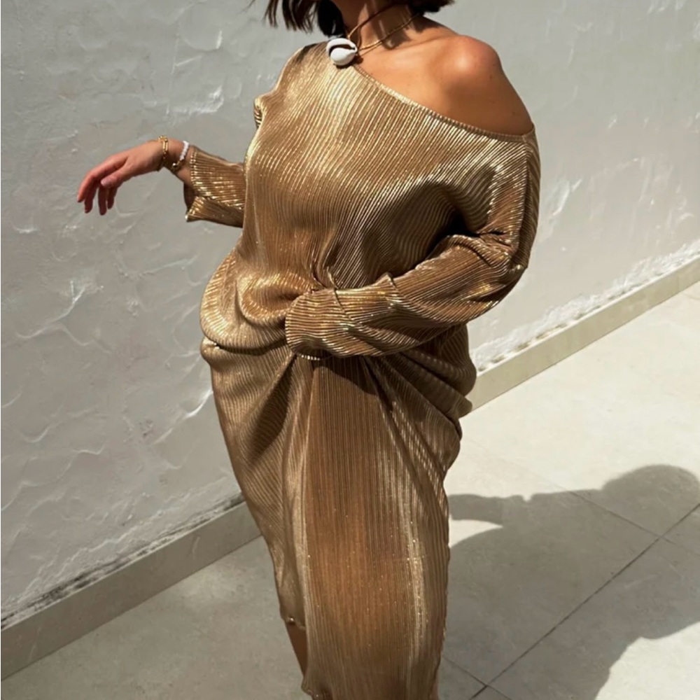Gold Plisse Jem Off-Shoulder Dress